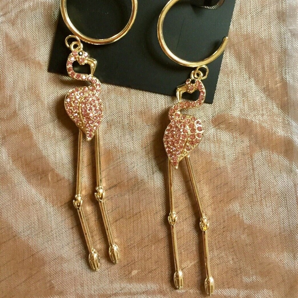 JOINTED PINK CRYSTAL FLAMINGO EARRINGS 4 In Final$